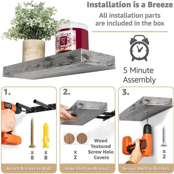 Floating Shelves for Wall - Set of 3 Rustic Wood Wall Shelves for Living Room - Picture 4 of 5